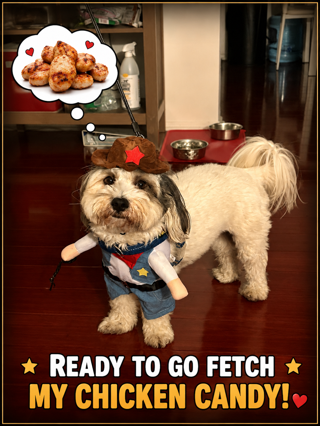 A small dog wearing a costume and a hat with a red star, with a thought bubble showing chicken nuggets, and text below that says "Ready to go fetch my chicken candy!"
