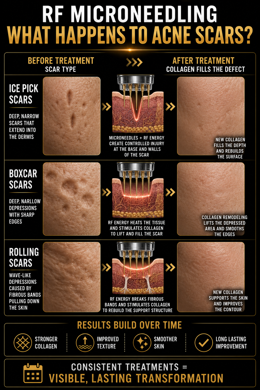 Infographic comparing skin before and after RF microneedling treatment for acne scars, showing types of scars, the treatment process, and the results including collagen remodeling and improved skin texture.