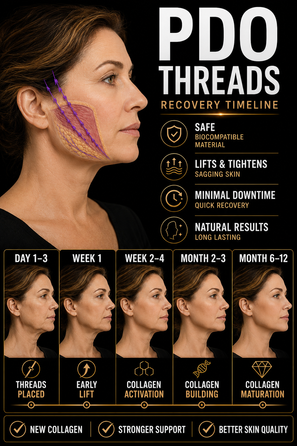 A woman’s profile with an illustration of facial layers and surgical thread placement. The image shows a timeline for PDO thread facelift recovery, including stages from day 1 to 12 and months 2 to 12, highlighting collagen activation, building, and maturation. Benefits listed: safe biocompatible material, lifting and tightening sagging skin, quick recovery, and long-lasting natural results.