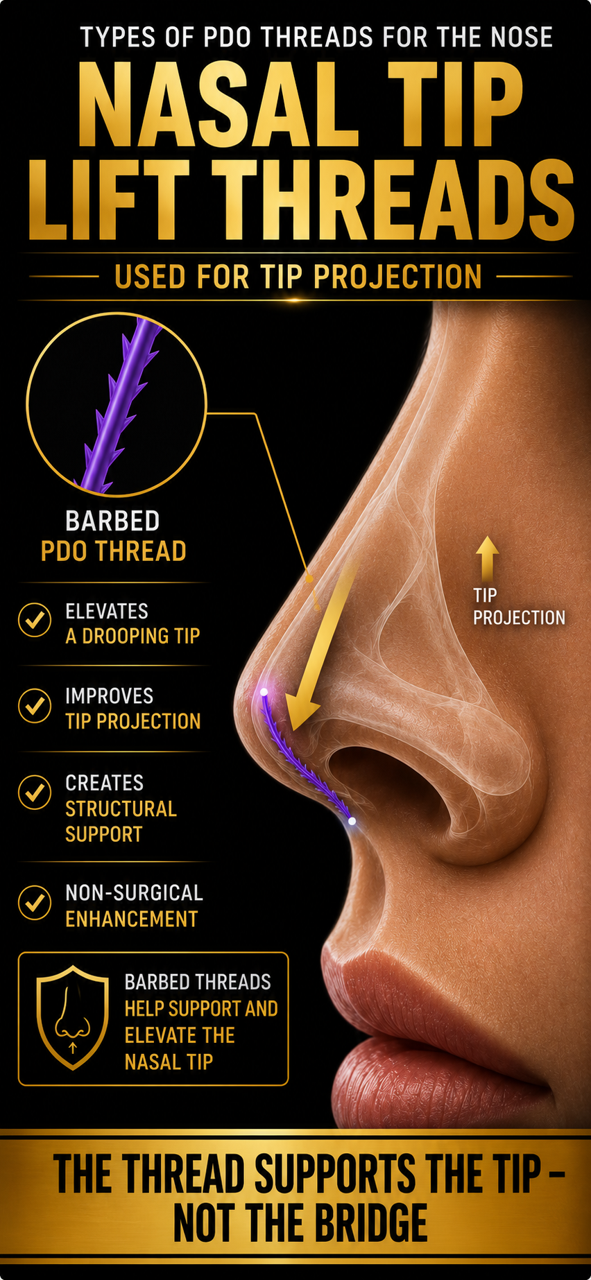 Diagram of a nose showing different types of PDO threads for nasal tip lift, focusing on barbed PDO threads that elevate, improve, create support, and provide non-surgical enhancement to the nasal tip.
