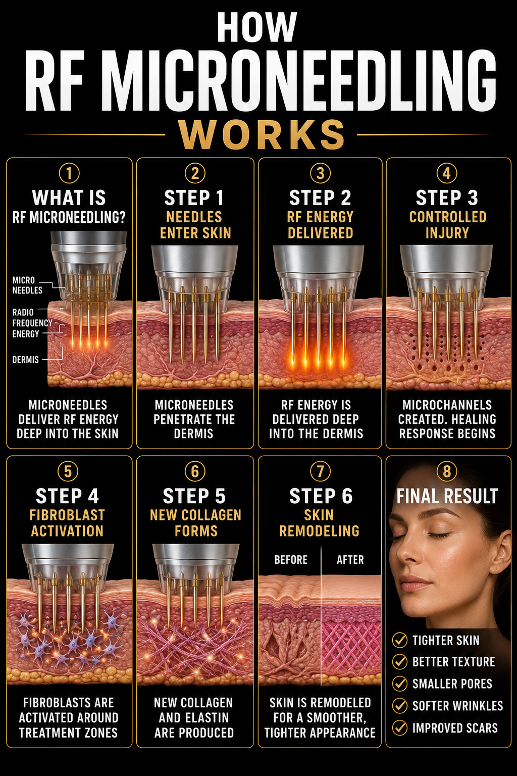 An informational graphic showing the process of RF microneedling, including steps with micro-needles delivering RF energy into the skin, activation of fibroblasts, formation of new collagen, skin remodeling, and the final results of tighter, smoother skin with improved texture, smaller pores, and fewer scars.