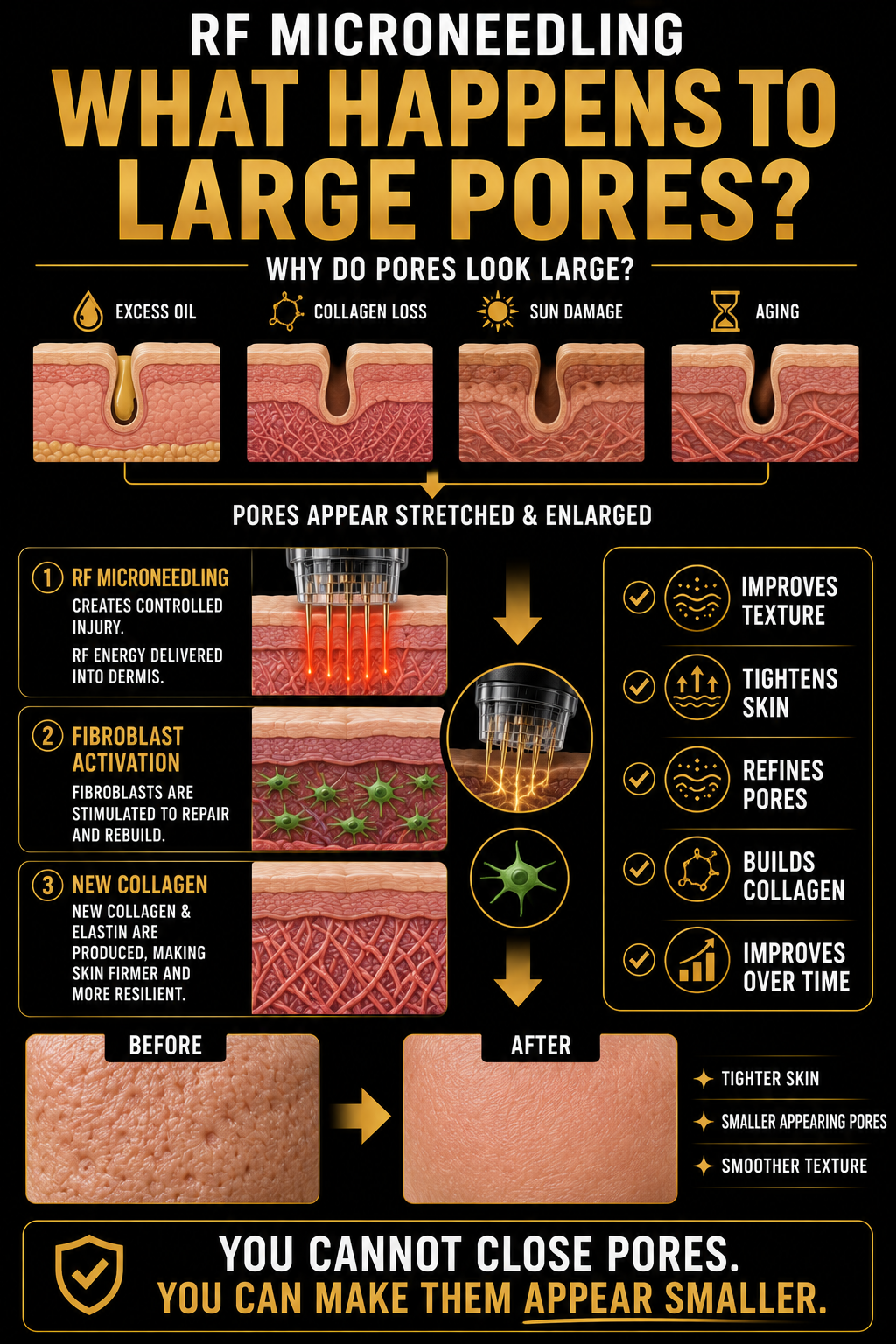 Infographic explaining how RF microneedling reduces large pores by creating controlled injury, activating fibroblasts, and producing new collagen. Shows before and after images of skin with smaller, tighter pores.