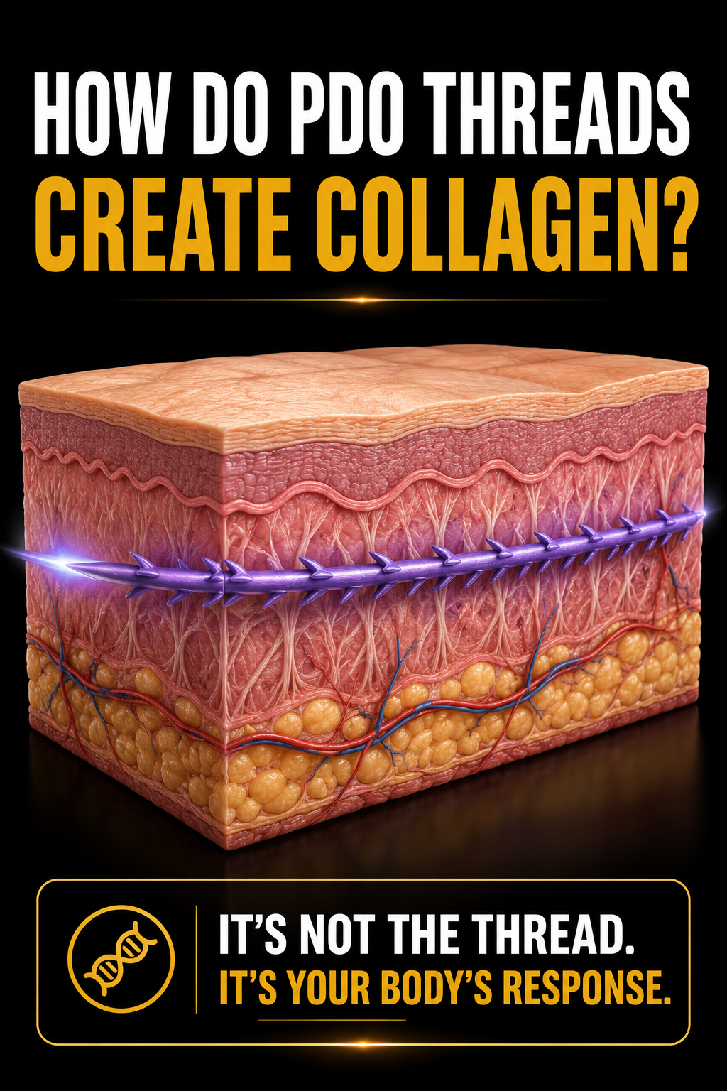 A graphic illustration of human skin layers with text asking how PDO threads create collagen, emphasizing that the response is not the thread but the body's response.