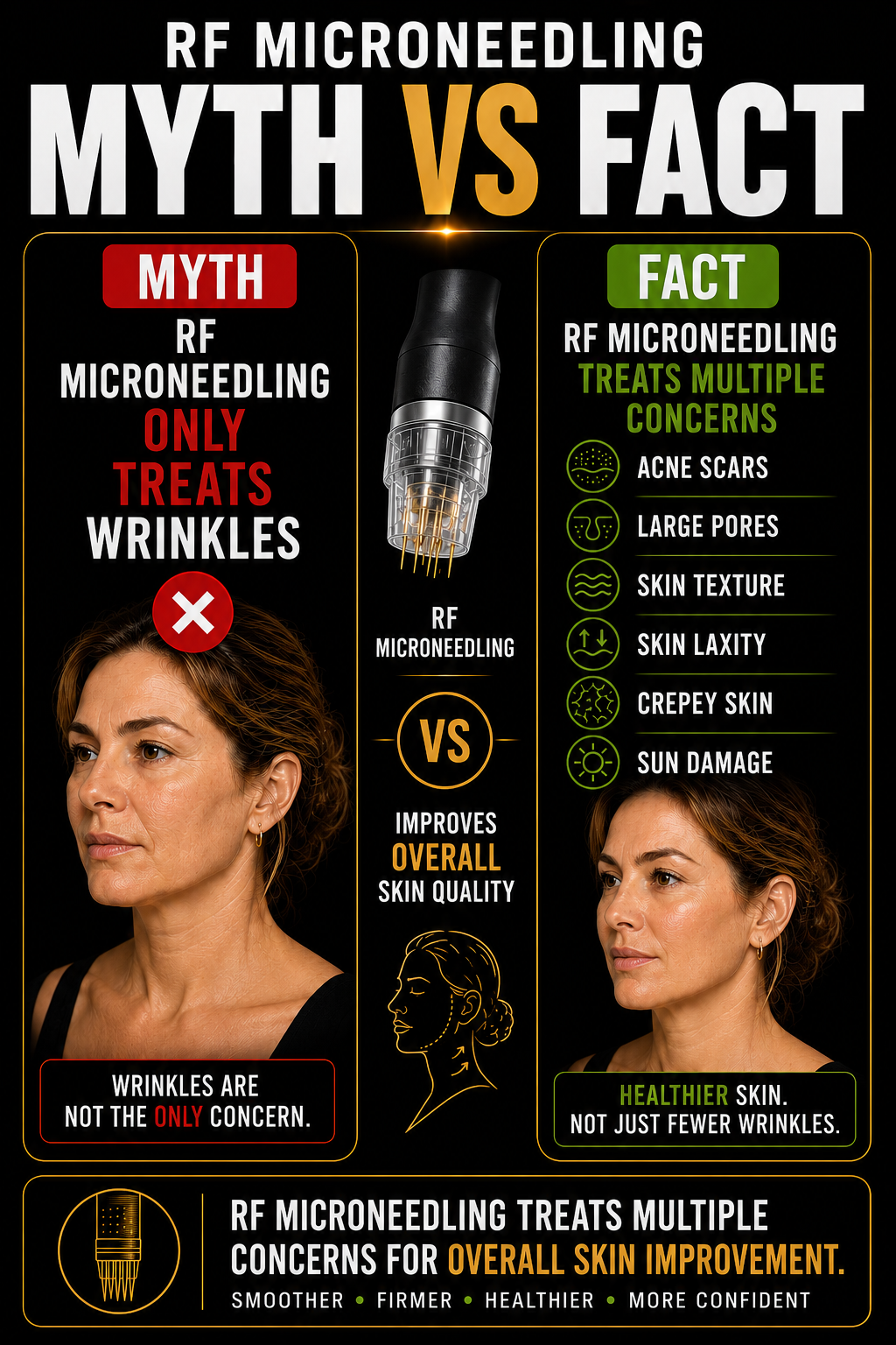 Comparison infographic on RF microneedling myths versus facts. The myth states RF microneedling only treats wrinkles, while the fact explains it treats multiple skin concerns such as acne scars, large pores, skin texture, skin laxity, creepy skin, and sun damage. The infographic emphasizes that RF microneedling improves overall skin quality and promotes healthier, firmer, and more confident skin.