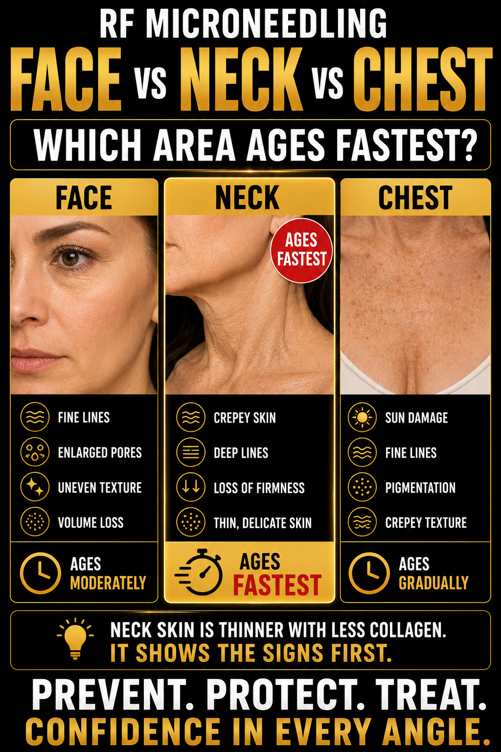 An infographic comparing skin aging signs on face, neck, and chest, highlighting that the neck ages fastest with crepey skin, deep lines, and loss of firmness, while the face shows fine lines and enlarged pores, and the chest exhibits sun damage and pigmentation. It emphasizes preventative skincare and recognizing early signs.