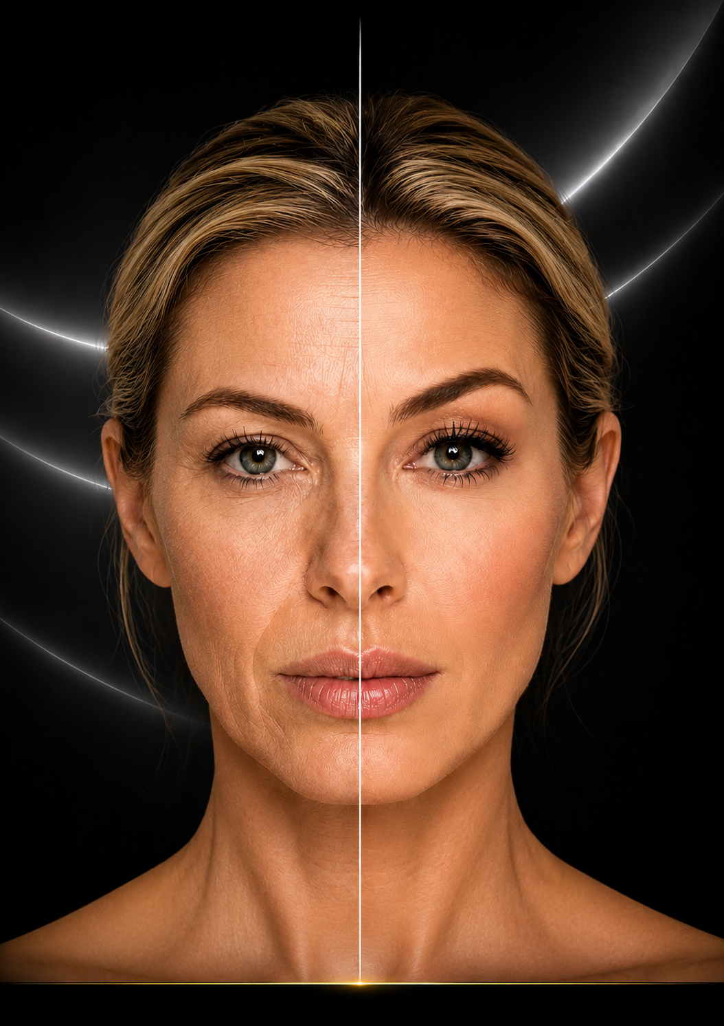 A portrait of a woman with the left side of her face showing signs of aging and the right side appearing youthful and smooth, with a black background and digital effects.