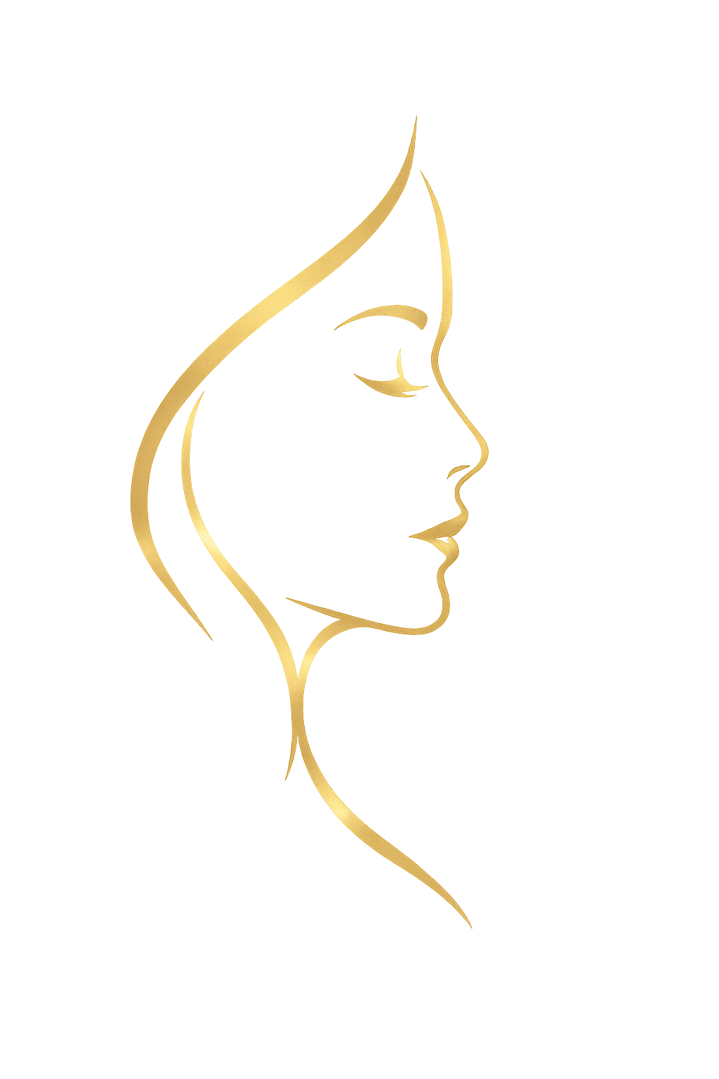 A stylized golden profile of a woman's face in front of a dark, abstract background.