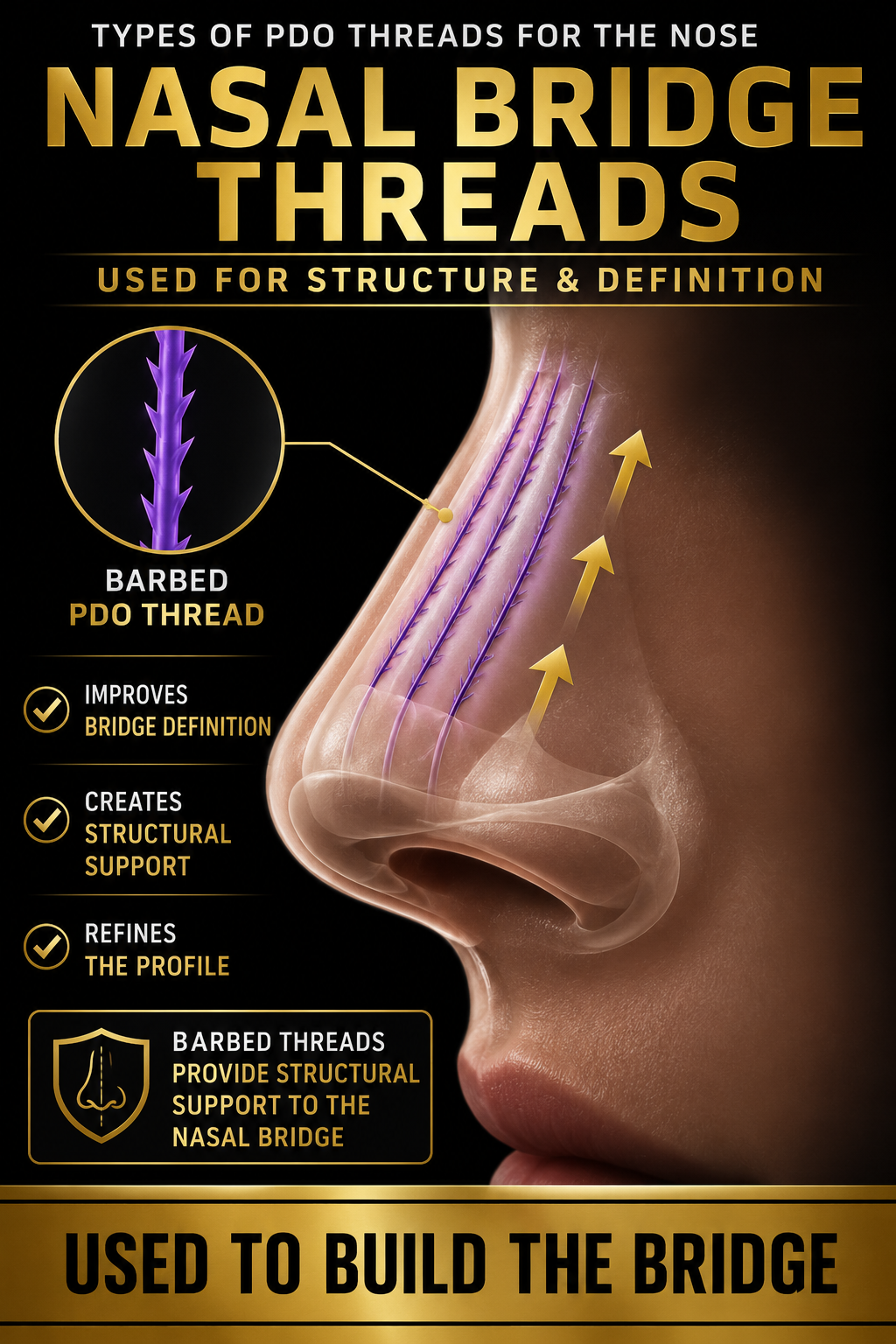 An infographic illustrating types of PDO threads used for nasal bridge correction. It shows a close-up side view of a nose with purple barbed PDO threads inserted along the bridge, with arrows indicating support and structure. The infographic highlights that these threads improve bridge definition, create structural support, and refine the profile, with text emphasizing they provide structural support to the nasal bridge and are used to build the bridge.