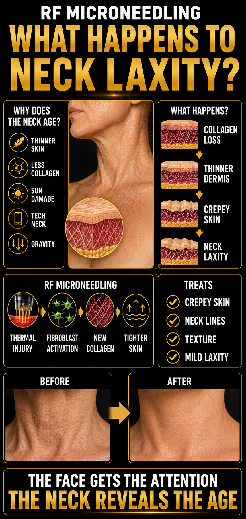 An infographic about RF microneedling for neck laxity, showing skin layers, causes of aging, the RF microneedling process, treatments, and before and after photos of neck skin.