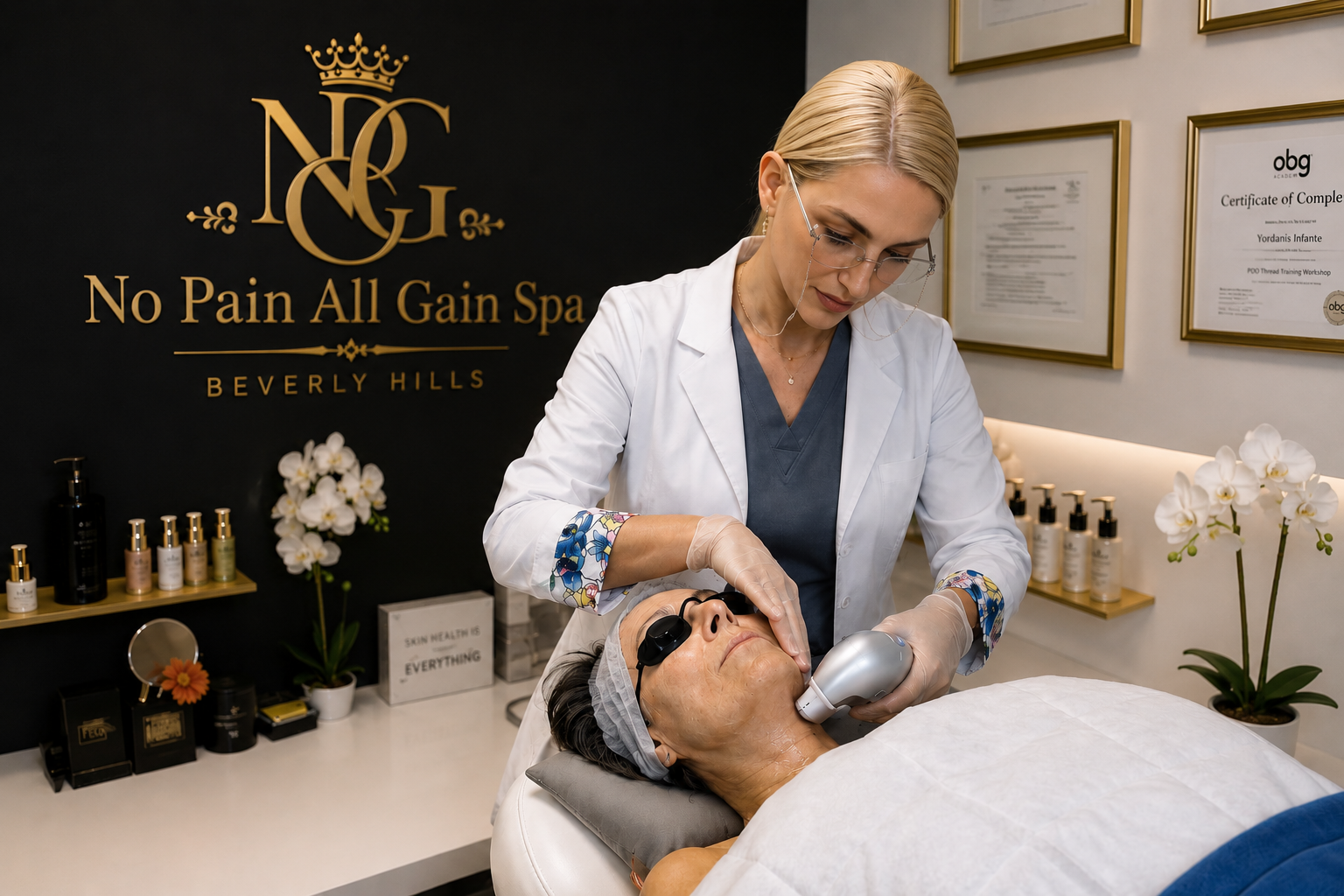 A woman receiving a facial treatment at No Pain All Gain Spa in Beverly Hills, with a professional performing a skin procedure using a handheld device.