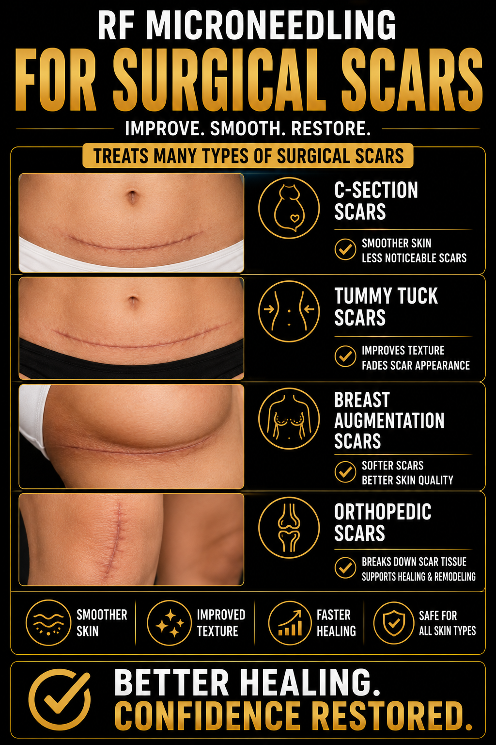 Infographic showing RF microneedling for treating various surgical scars, including C-section, tummy tuck, breast augmentation, and orthopedic scars, highlighting their benefits.