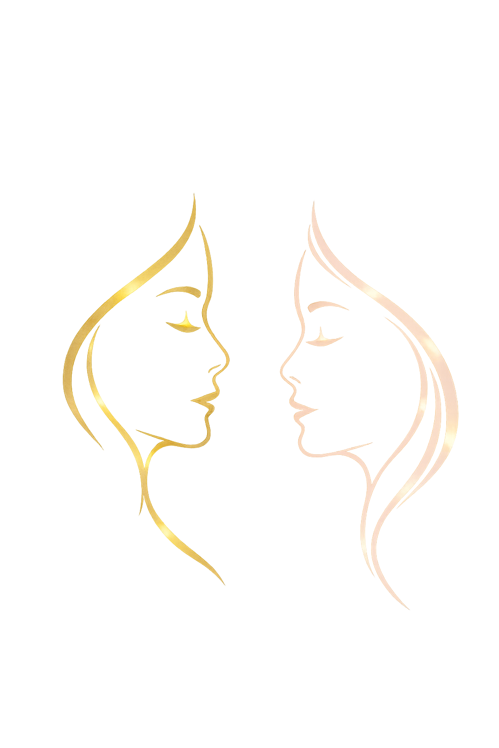 Digital artwork of two faces in profile, one in gold and the other in light peach, facing each other against a dark background with glitch effects.