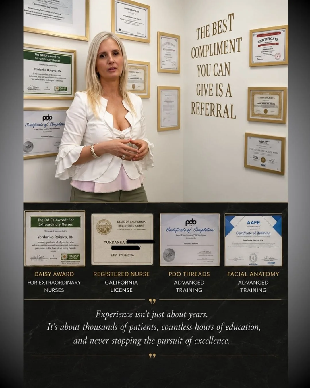 A woman standing in front of a wall decorated with multiple certificates and awards, with a quote on the wall that says, "The best compliment you can give is a referral." The woman is wearing a white blazer over a pink top, with her hands clasped in front of her.
