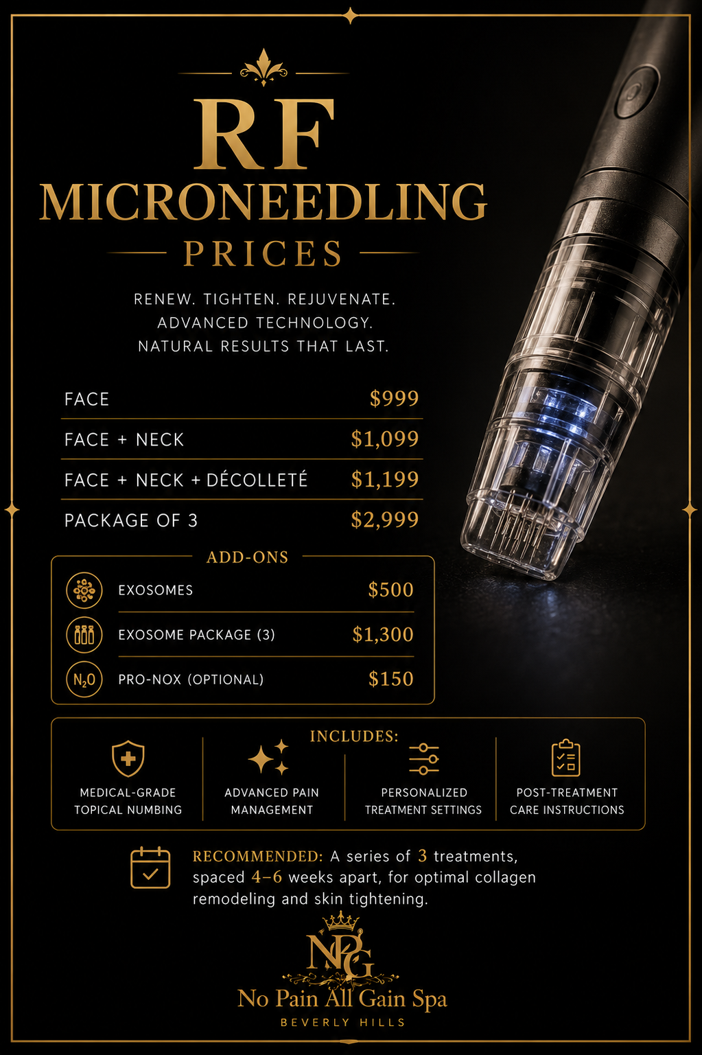 Price list for RF Microneedling treatments at No Pain All Gain Spa in Beverly Hills, showing prices for face, face + neck, face + neck + décolletage, and packages, with optional add-ons like exosomes and PRO-NOX.