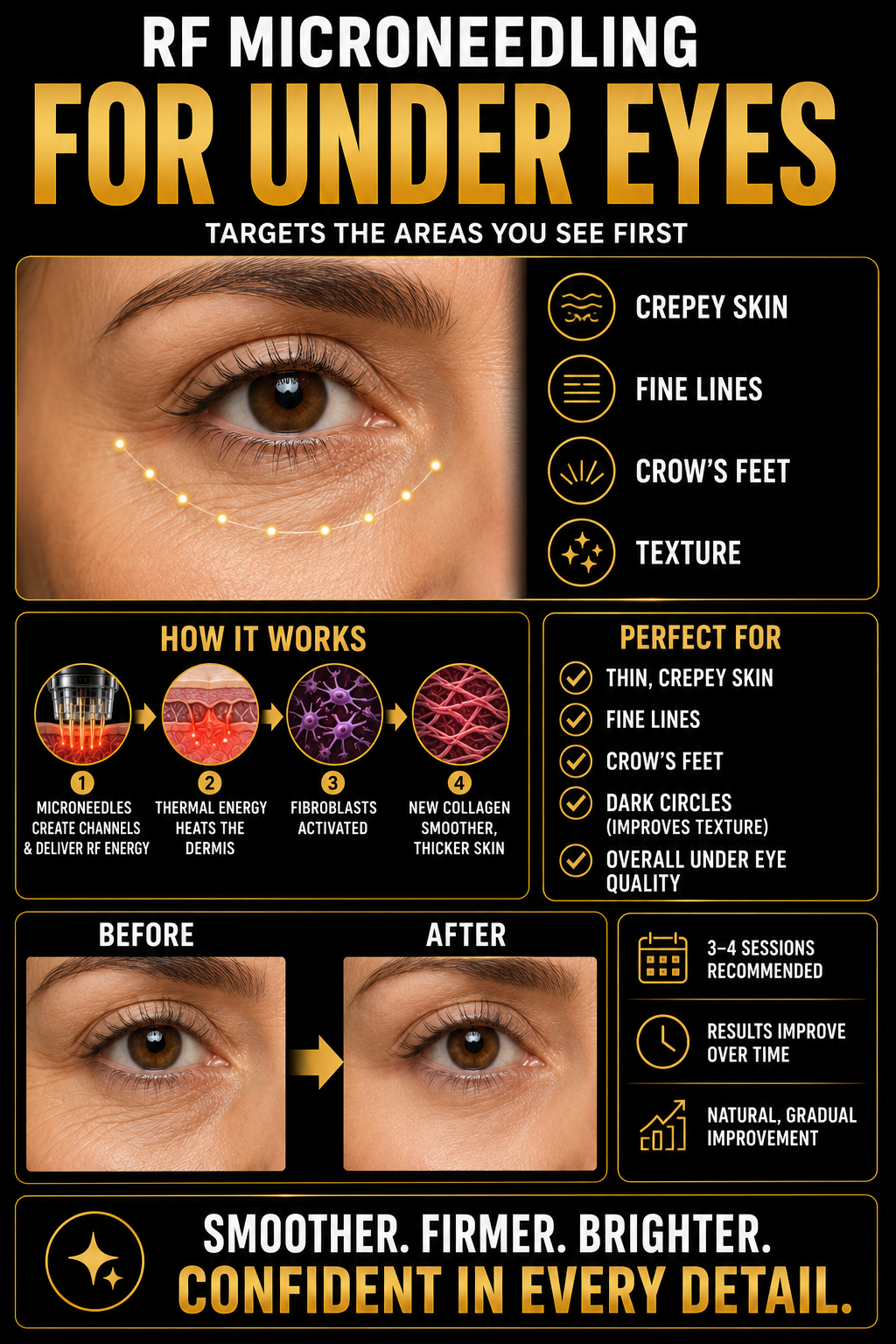 An infographic explaining RF microneedling for under-eye treatment, highlighting targeted skin issues, how the procedure works, before and after results, and recommendations for sessions.