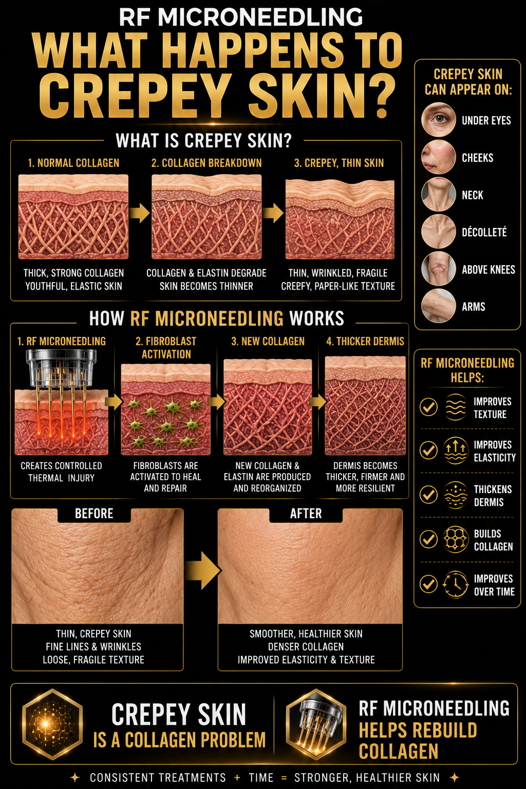 Infographic explaining RF microneedling for skin, showing stages of crepey skin and how the treatment works to rebuild collagen, with before and after photos of skin improvement.
