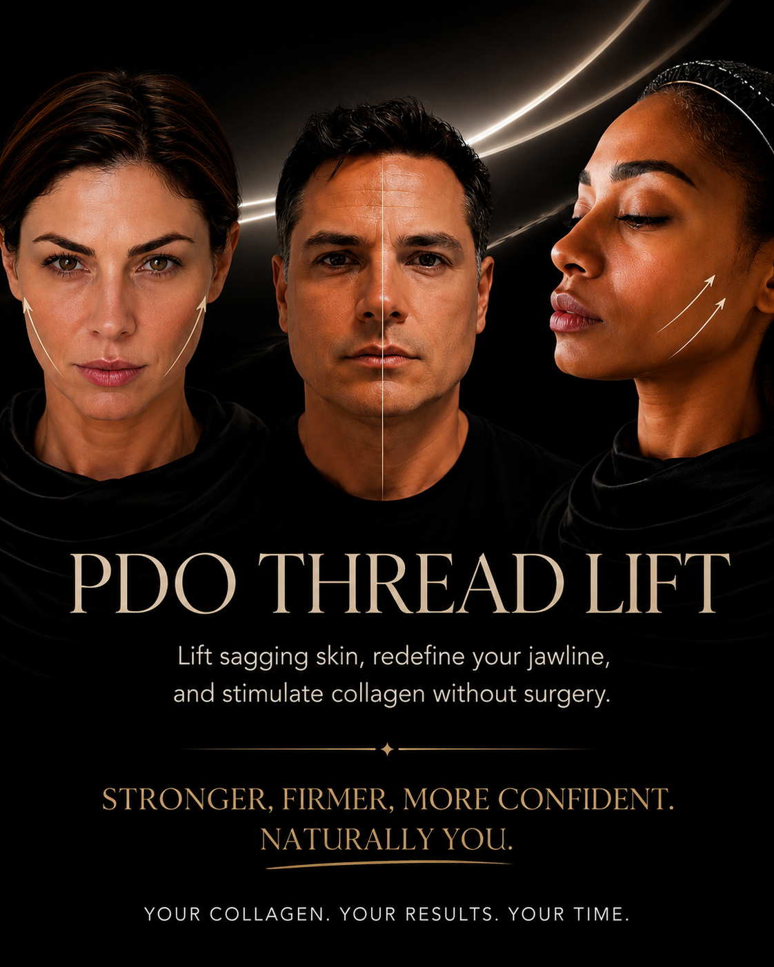 Promotional advertisement for PDO Thread Lift with images of a woman, a man, and a woman in profile, showcasing facial tightening, with text emphasizing natural, non-surgical skin rejuvenation and collagen stimulation.