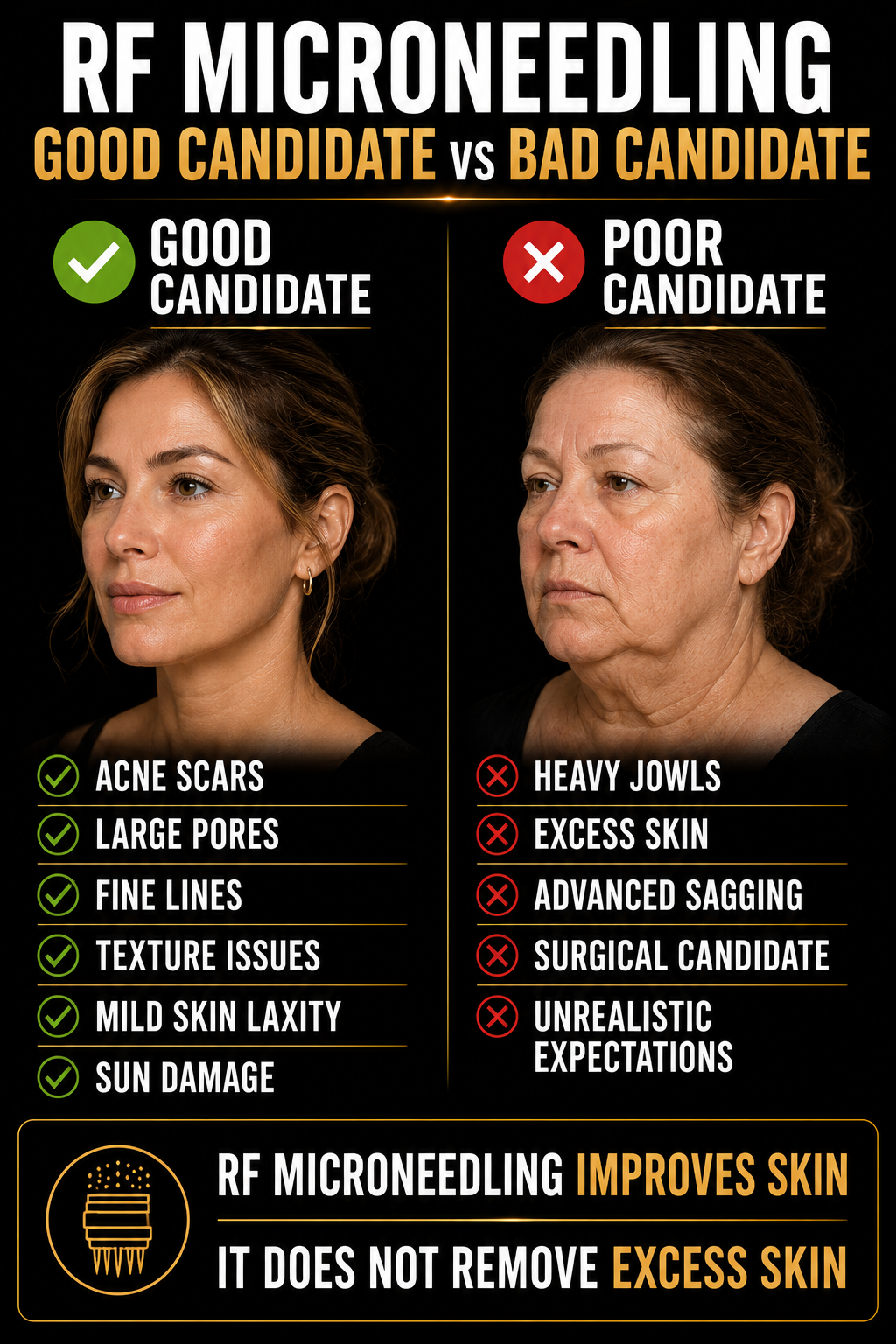 Comparison of good and poor candidates for RF microneedling, showing benefits for skin improvement and highlighting potential issues like heavy jowls, excess skin, and sagging.