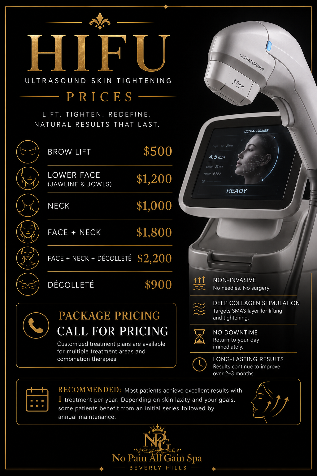 Advertisement for HIFU ultrafirm skin tightening treatments with prices listed for brow lift, lower face, neck, face and neck, and décolletage, showing a sleek ultrasound device and a digital screen with facial mapping.