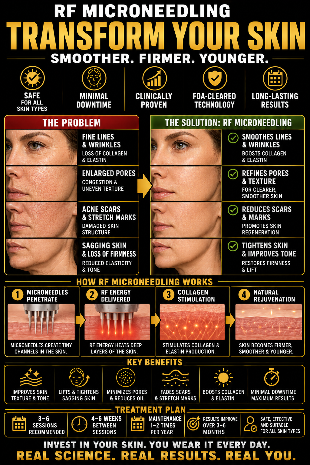 An infographic explaining RF microneedling for skin improvement. It highlights benefits like skin tightening, pore refining, scar reduction, and skin rejuvenation. The process involves microneedling, RF energy delivery, collagen stimulation, and natural skin renewal. Key benefits include improved skin texture, lifted skin, minimized pores, faded scars, and collagen boosts. The treatment plan suggests 3-6 sessions every 4-6 weeks with maintenance twice a year, emphasizing safety and effectiveness for all skin types.
