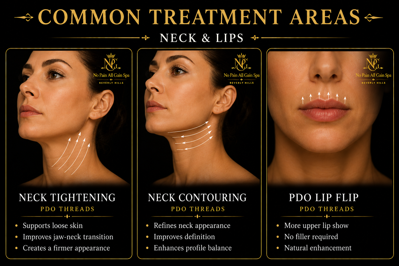 Diagram showing common treatment areas for facial skin, focusing on neck and lips, including neck tightening, neck contouring, and lip flip procedures with descriptions of their benefits.
