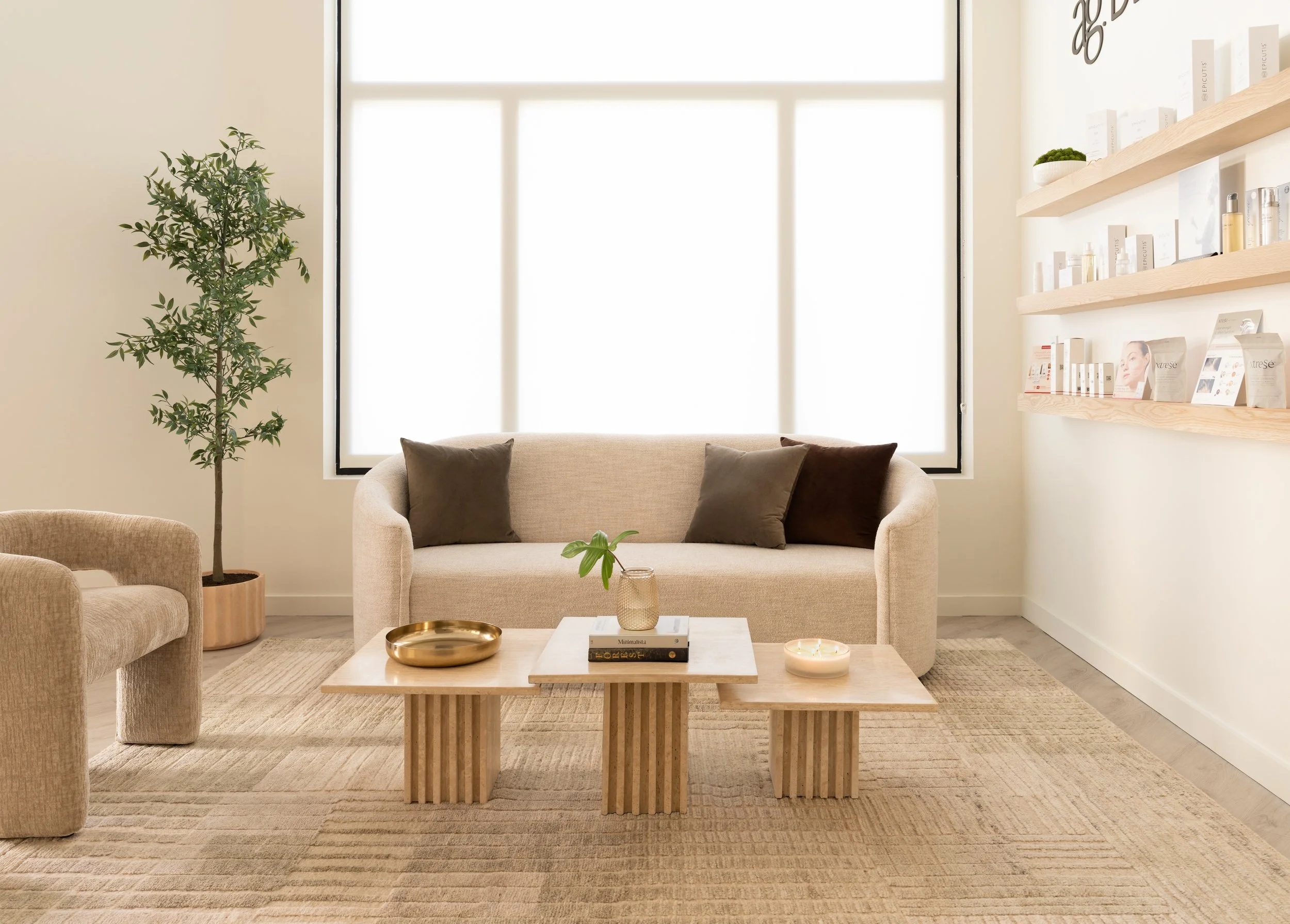 Minimalist living room with beige sofa, wooden coffee table, armchair, large window with frosted glass, potted plant, and wall shelves with books and decor, in neutral tones.