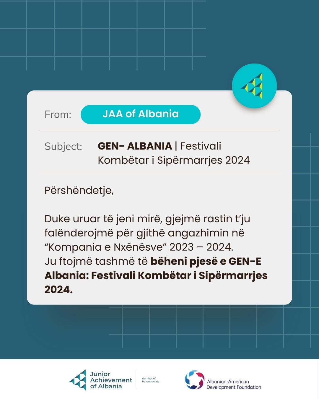 YOU GOT MAIL! 📩

M&euml;sues dhe kompani nx&euml;n&euml;sish, kontrolloni email-et tuaja p&euml;r nj&euml; p&euml;rdit&euml;sim t&euml; r&euml;nd&euml;sish&euml;m nga JAA. 

&Euml;sht&euml; koha p&euml;r t&euml; aplikuar p&euml;r t'u b&euml;r&euml; 