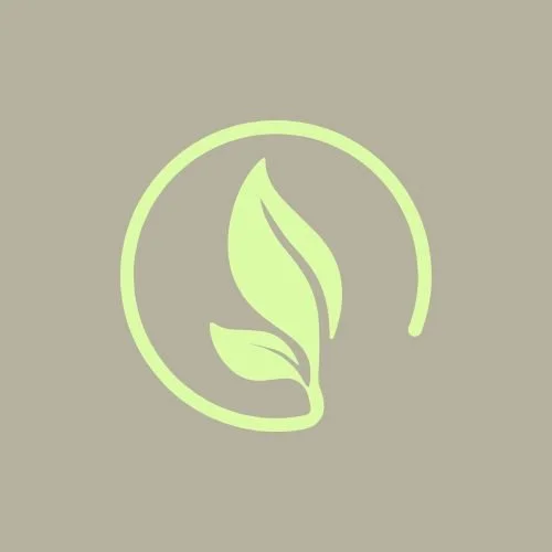 Icône d'une feuille verte entourée d'un cercle clair sur fond beige.