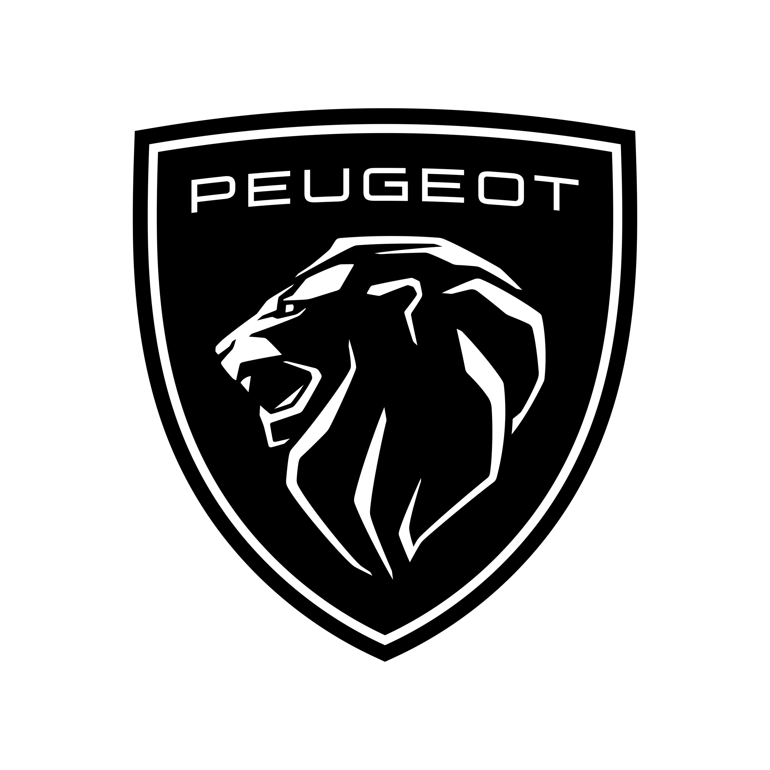 Logo Peugeot con testa di leone stilizzata su sfondo nero.