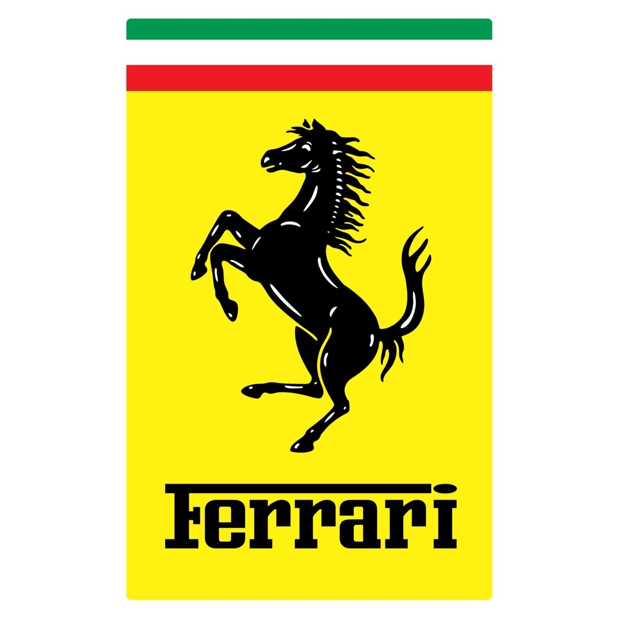 Logo Ferrari con cavallino rampante su sfondo giallo.