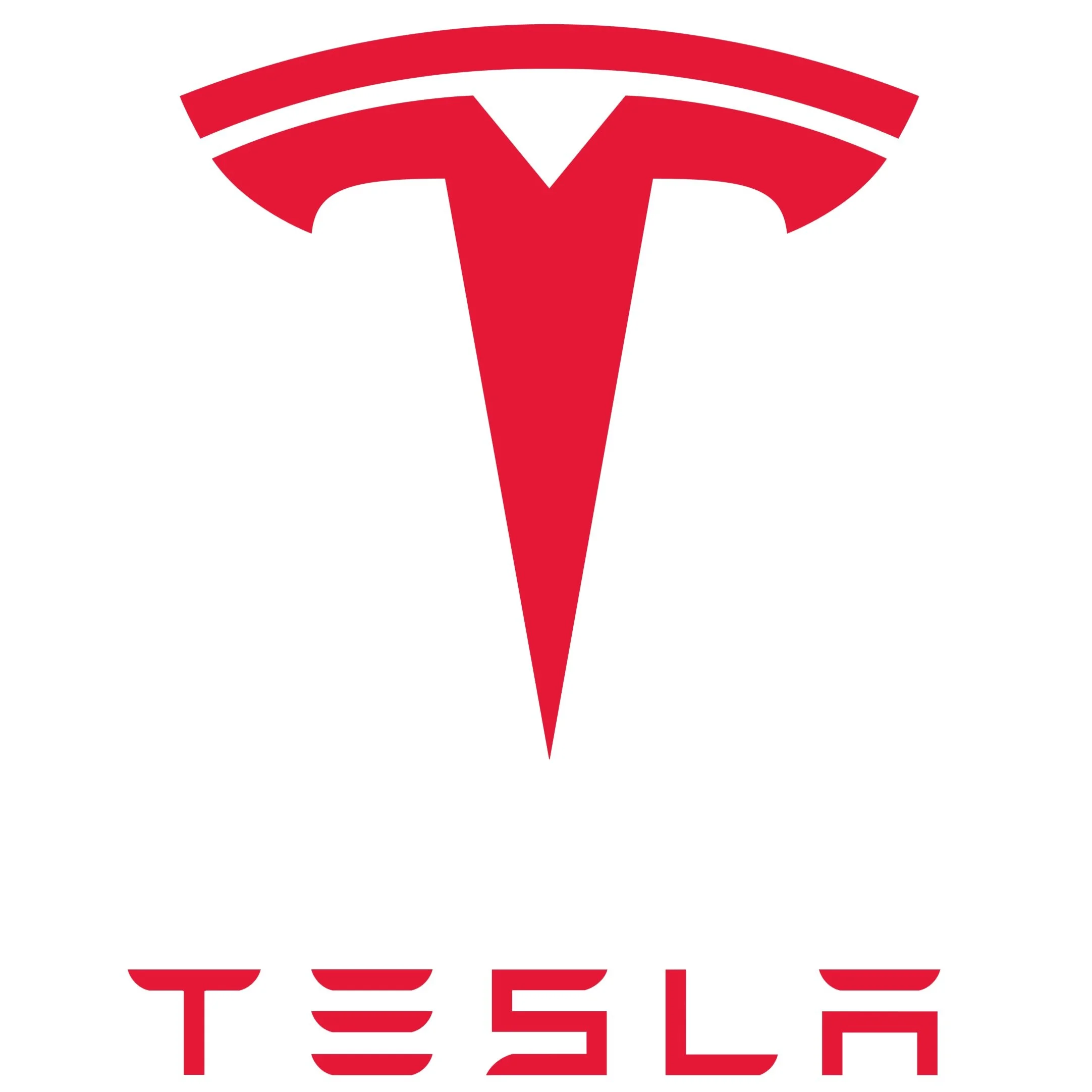 Logo di Tesla in rosso su sfondo bianco.
