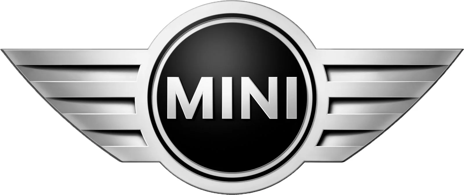 Logo del marchio automobilistico MINI con ali argentate e scritta centrale "MINI" su fondo nero.