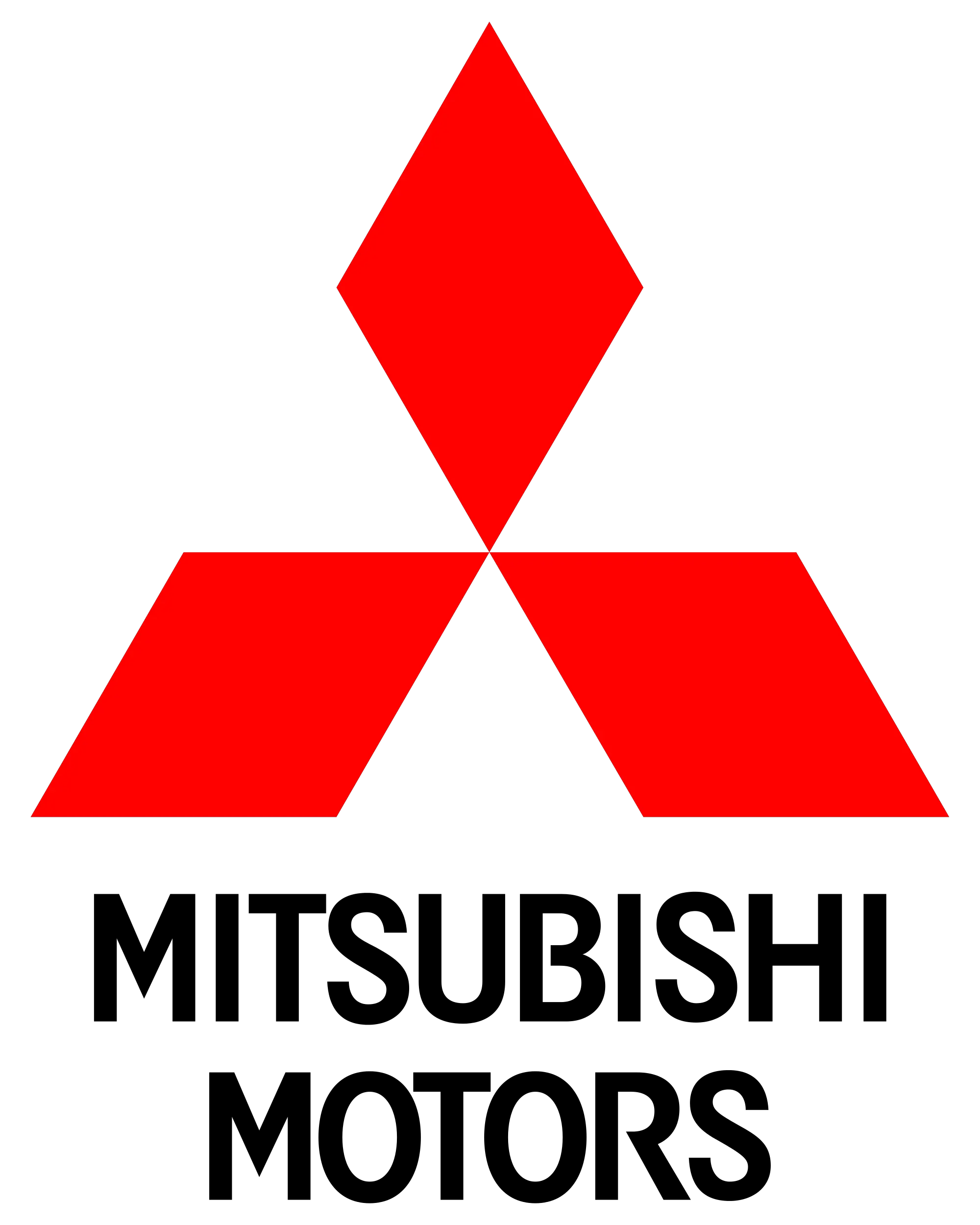 Logo Mitsubishi, tre rombi rossi su sfondo nero.