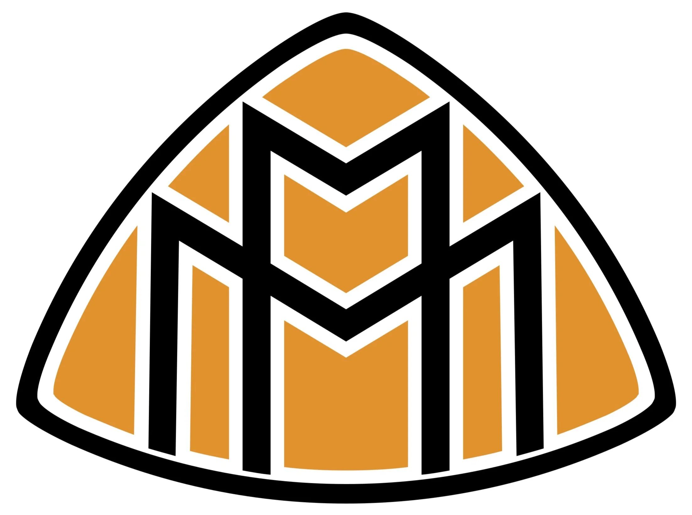 Logo stilizzato con un motivo geometrico arancione e nero, formante una lettera "M" centrale su sfondo bianco.