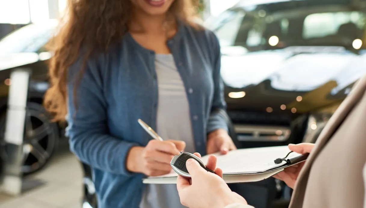 Persona che firma documenti e riceve chiave d'auto in concessionaria, con auto sullo sfondo.