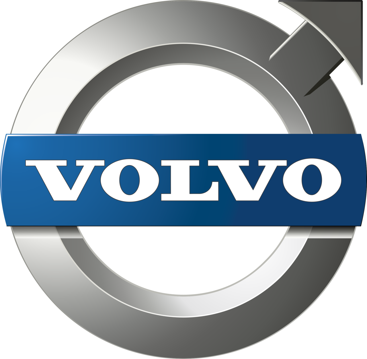 Logo di Volvo con simbolo circolare grigio e scritta bianca su sfondo blu.