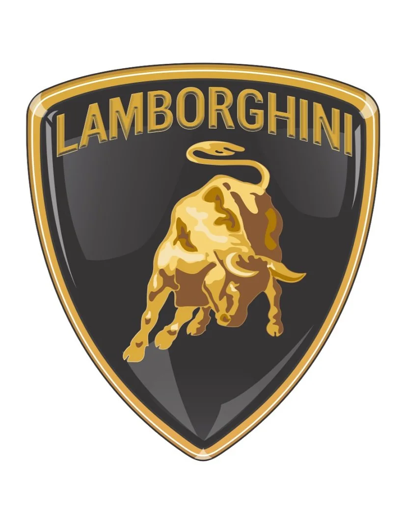Logo Lamborghini con un toro d'oro su sfondo nero e scritta "Lamborghini" in oro.