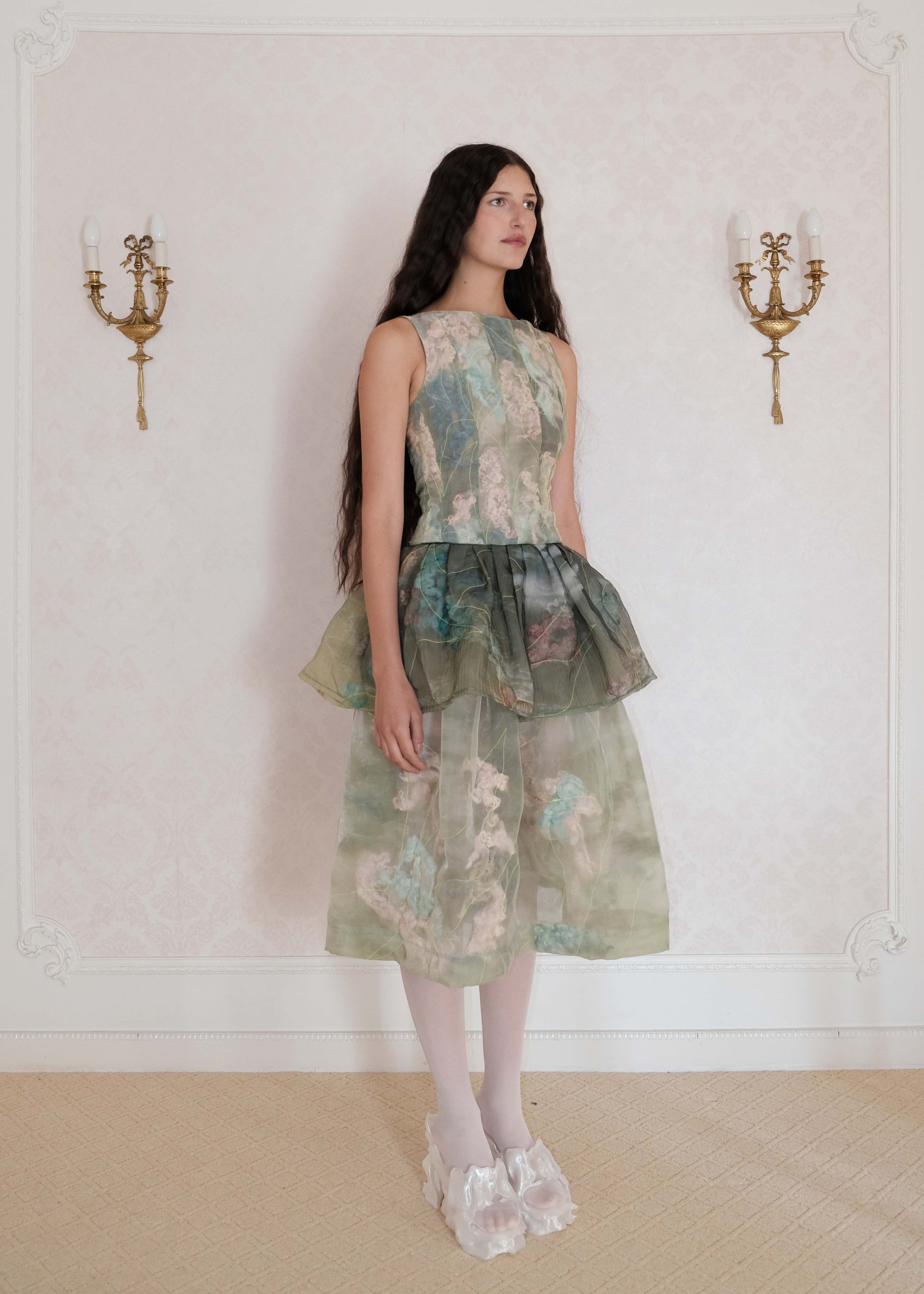 Nicole Skirt by Clara Pinto – full length front view, naturally dyed sage green with blush wool quilting