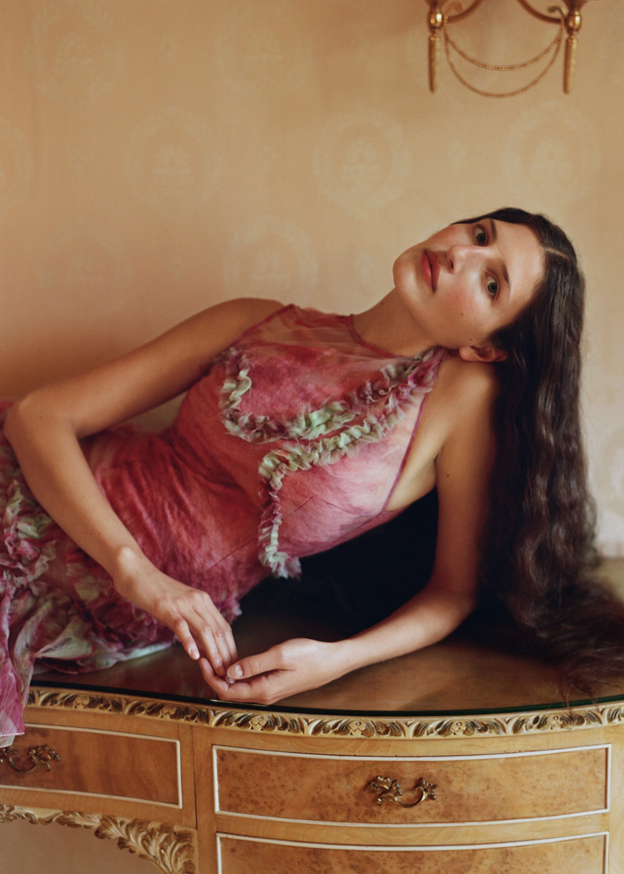 Clara Pinto Flourishing Dress – close up of bodice showing hand-felted wool placement and digitally printed tulle texture