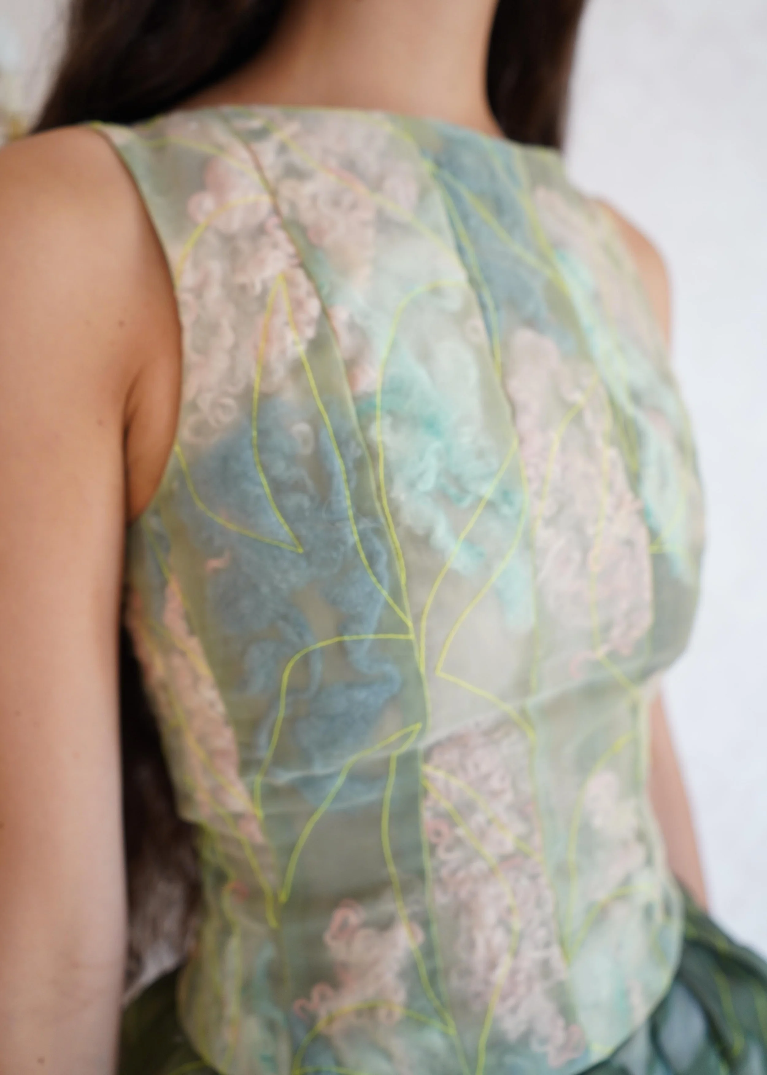 Detail of free-motion floral quilting and naturally dyed wool on the Nicole Top by Clara Pinto