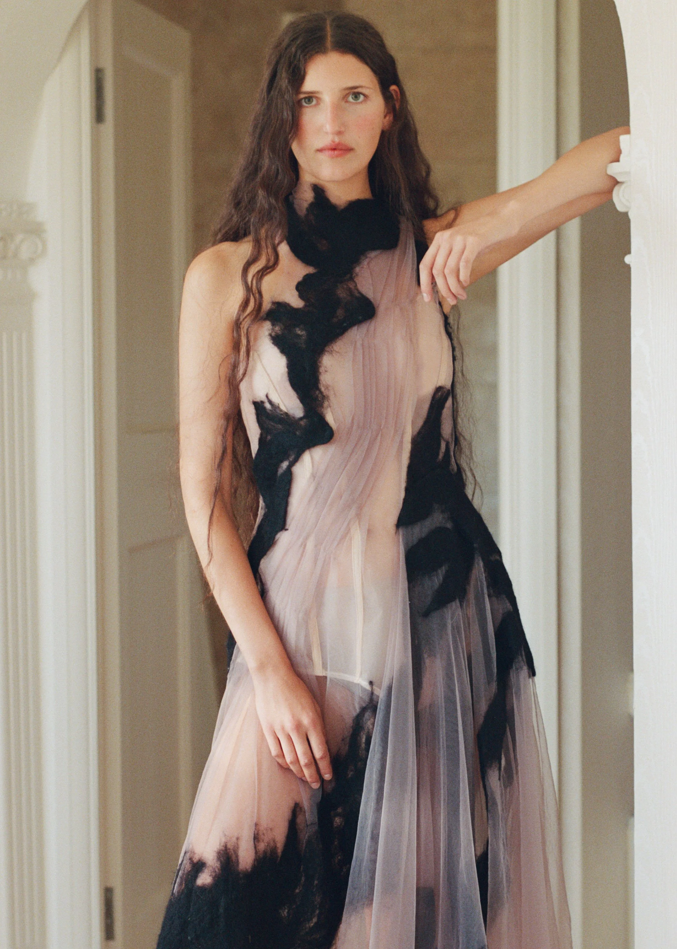 Detail of hand-draped nylon tulle and felted wool on the Alpha Dress by Clara Pinto