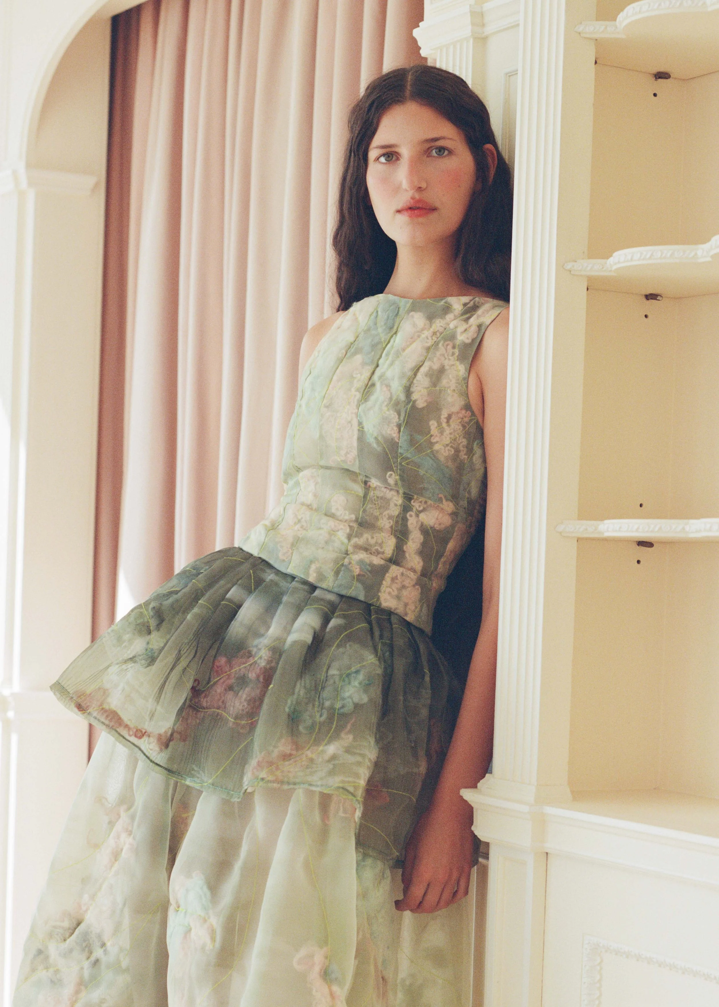Nicole Top by Clara Pinto worn with Pleated Organza Skirt – three quarter view, sage green naturally dyed organza
