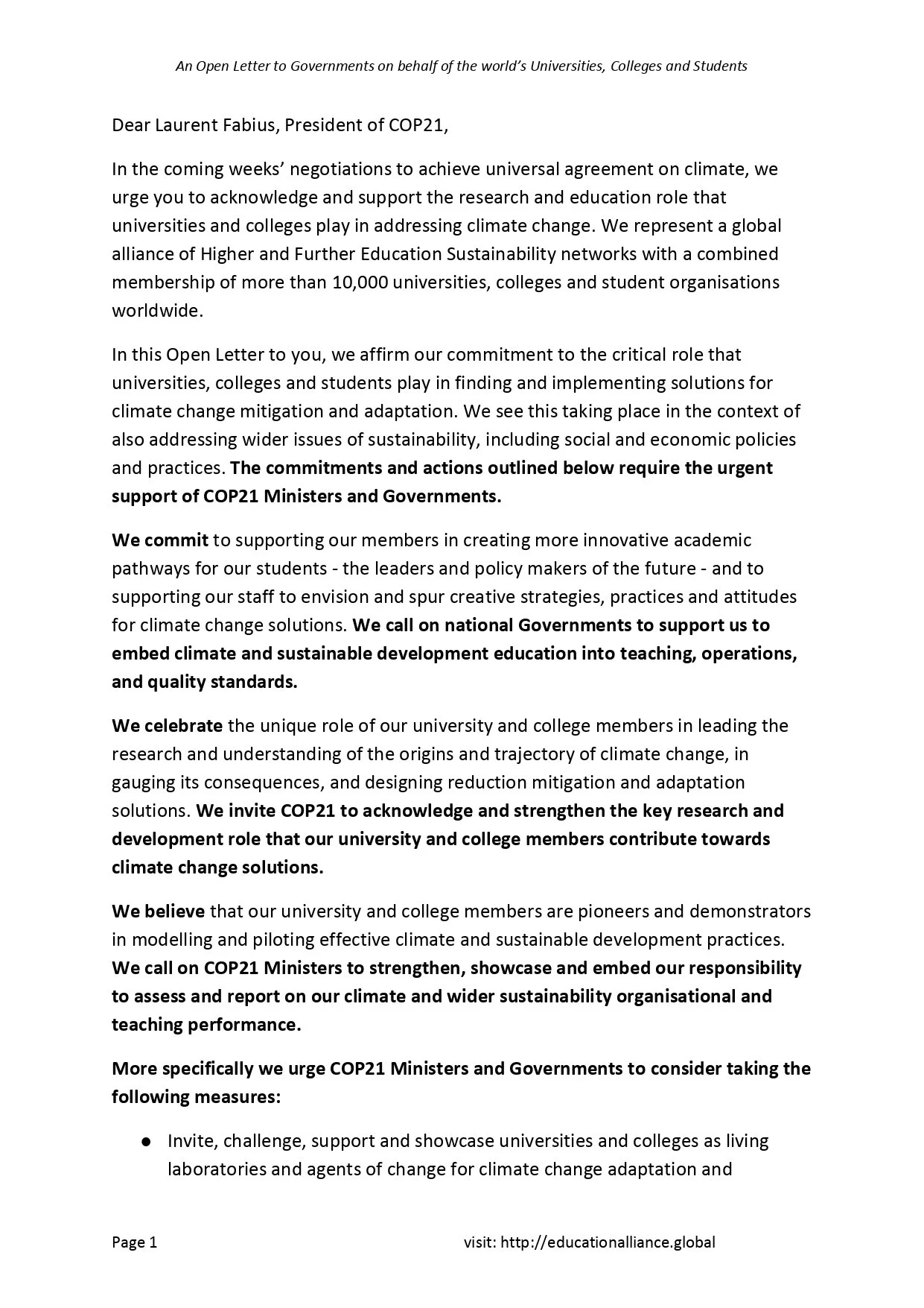 Open Letter to COP21 Ministers and Governments (2015)