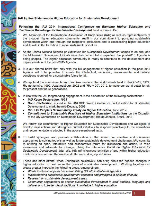 Iquitos Statement on Higher Education for Sustainable Development