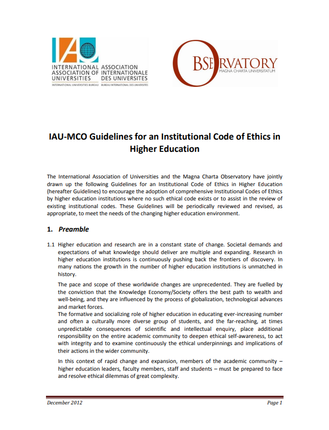 IAU-MCO Guidelines for an Institutional Code of Ethics in Higher Education