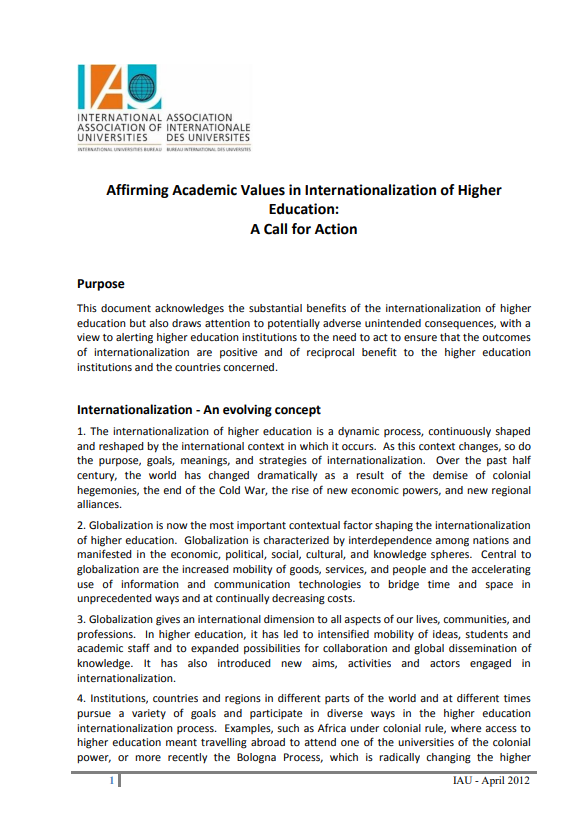 Affirming Academic Values in Internationalization of Higher Education: A Call for Action