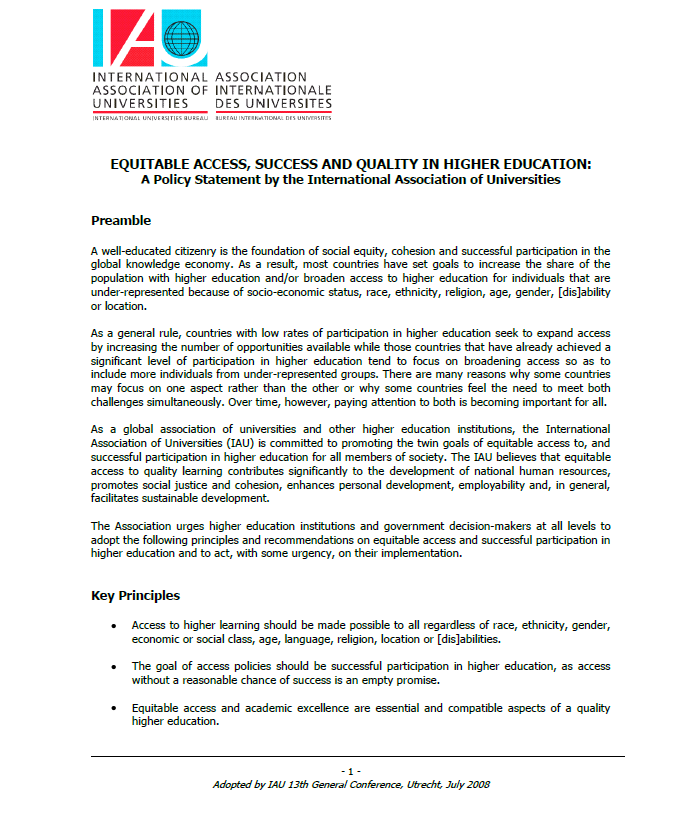 Equitable Access, Success and Quality in Higher Education