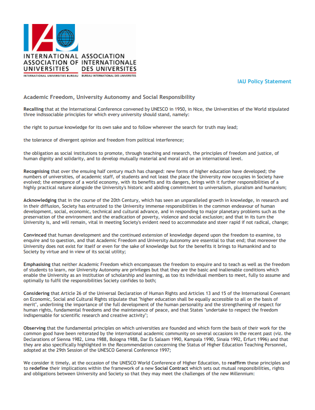 Academic freedom, Institutional Autonomy and Social Responsibility