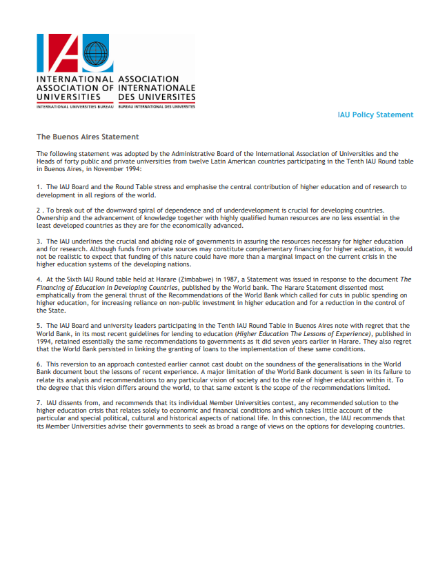 The Buenos Aires Statement on Higher Education Funding</a>