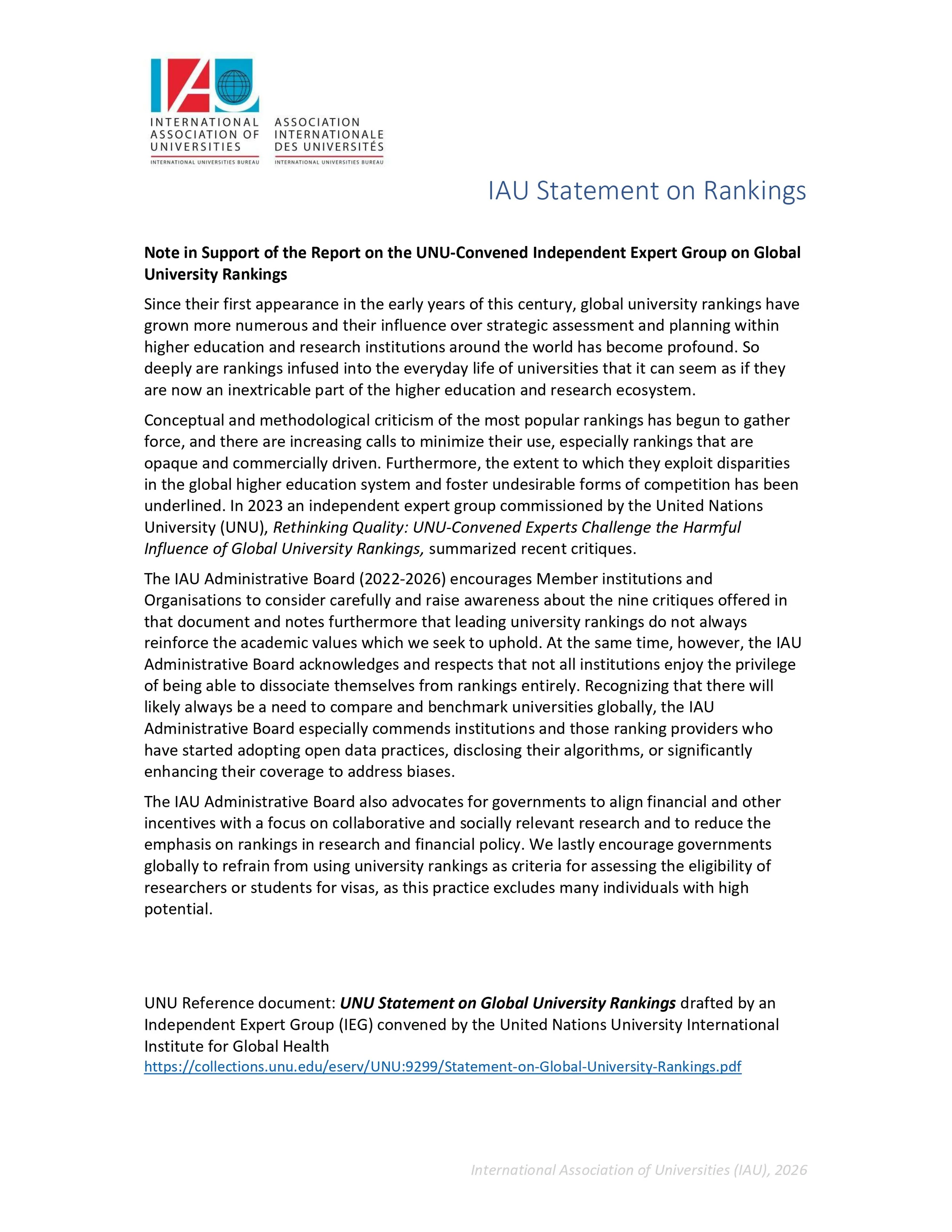 IAU Note on Rankings Released